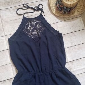 AMERICAN EAGLE floral lace pompom hem romper